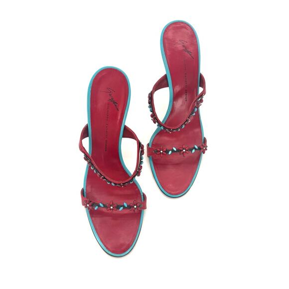 Vintage Giuseppe Zanotti Red Turquoise Floral Embellished Mules Sandals  37 - Picture 4 of 12